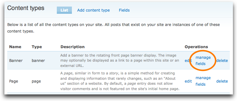 Banner content type manage fields link